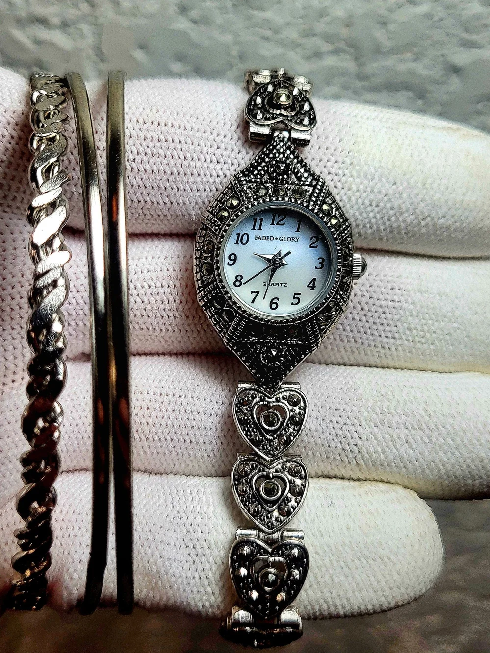 Faded Glory Marcasite Set: Watch With Matching Rose Ring & Bracelelets Set